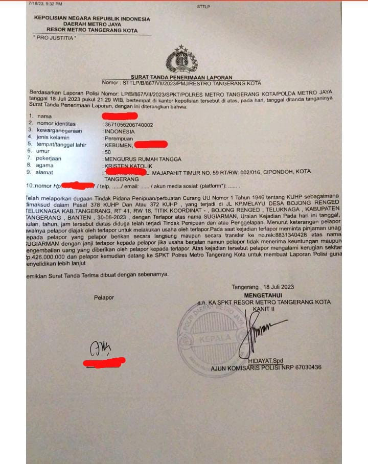 Diduga Pelaku Penipuan, Korban Minta Polres Metro Tangerang Segera di Diproses dan Tangkap