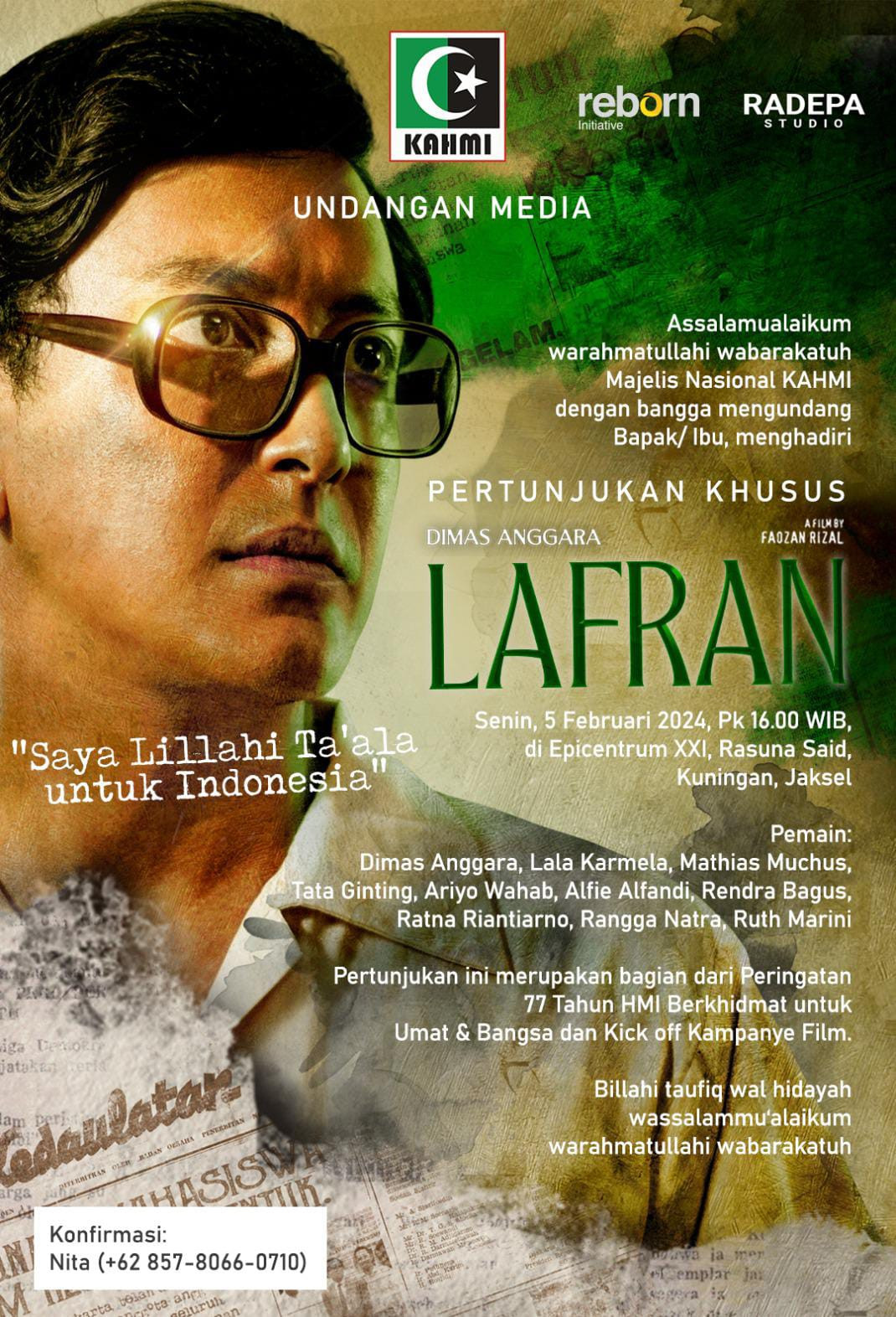 Milad ke-77, HMI Suguhkan Film, Lafran, Saya Lillahi Taala untuk Indonesia, Mengenang Visi Perjuangan Lafran Pane